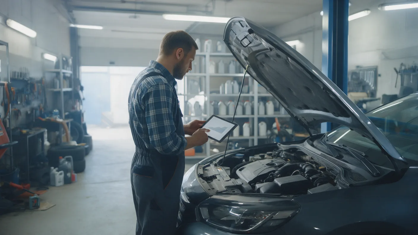 Teknisyen, açık kaputlu bir aracın yanında tabletteki motor yağı bilgilerini kontrol ediyor