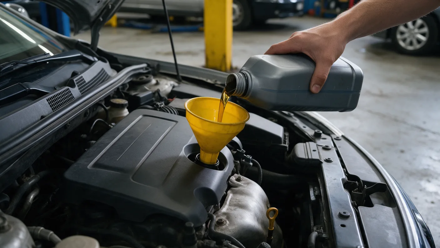Motor yağı bidonundan huniyle motora yağ doldurulması