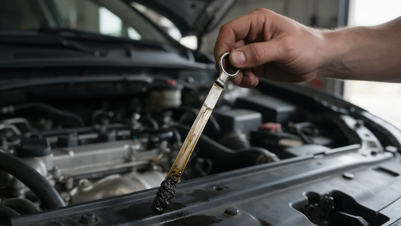 Yağ çubuğunun ucunda koyu ve çamurlu motor yağı, motor bölmesinde yağ seviyesi kontrolü